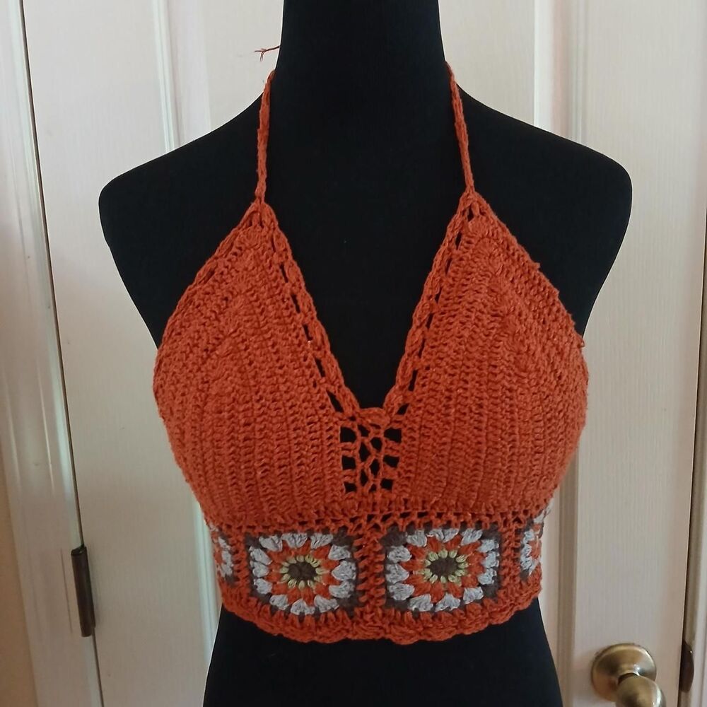 Lakhays 100% Cotton Open knit Crochet Halter Crop Top Floral Granny Squares S/M